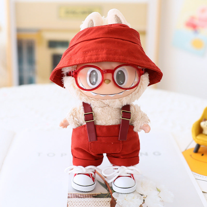 The first and second generation labubu sit party doll clothes the third generation cola vinyl blind box clothes fisherman hat suspenders pants suit