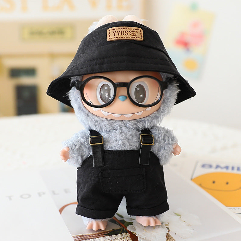 The first and second generation labubu sit party doll clothes the third generation cola vinyl blind box clothes fisherman hat suspenders pants suit