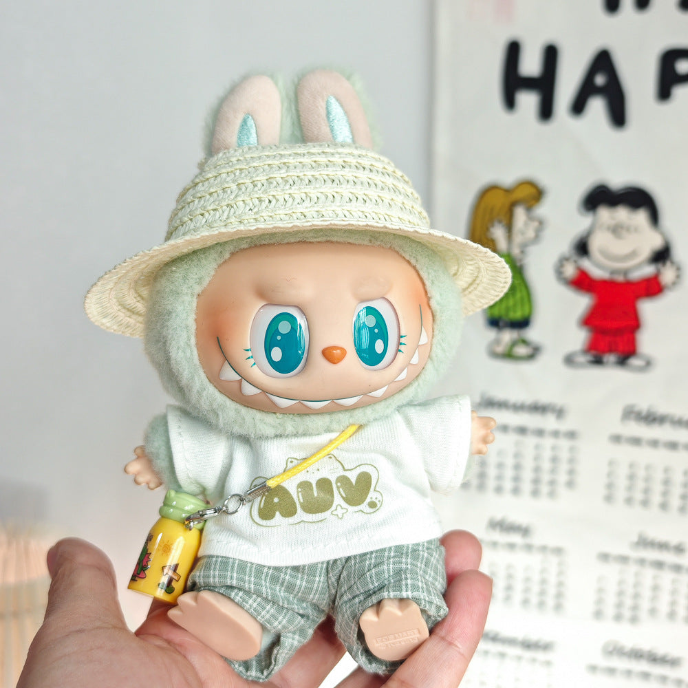 Labubu Doll Summer Outfit Set with Straw Hat & Canvas Shoes