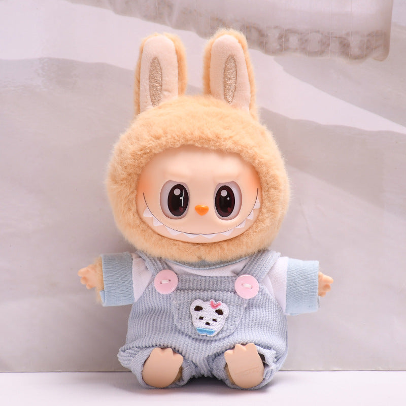Labubu Doll Outfit - Pink, Yellow, Blue, Purple, Brown Overalls with T-Shirt & Hat
