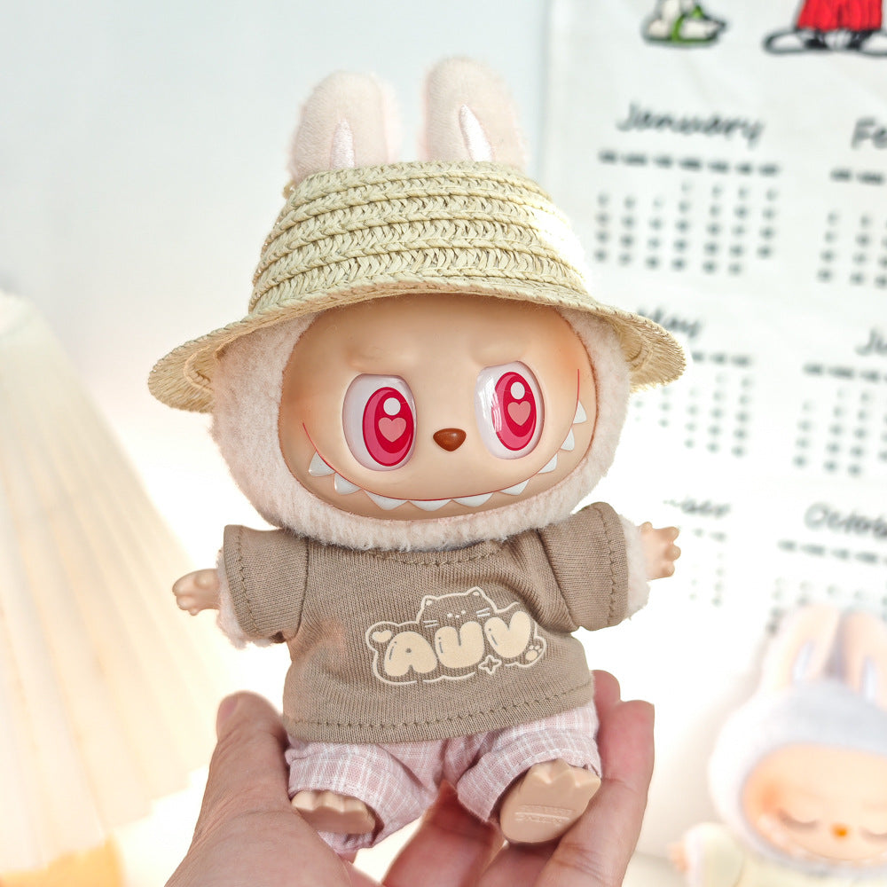 Labubu Doll Summer Outfit Set with Straw Hat & Canvas Shoes