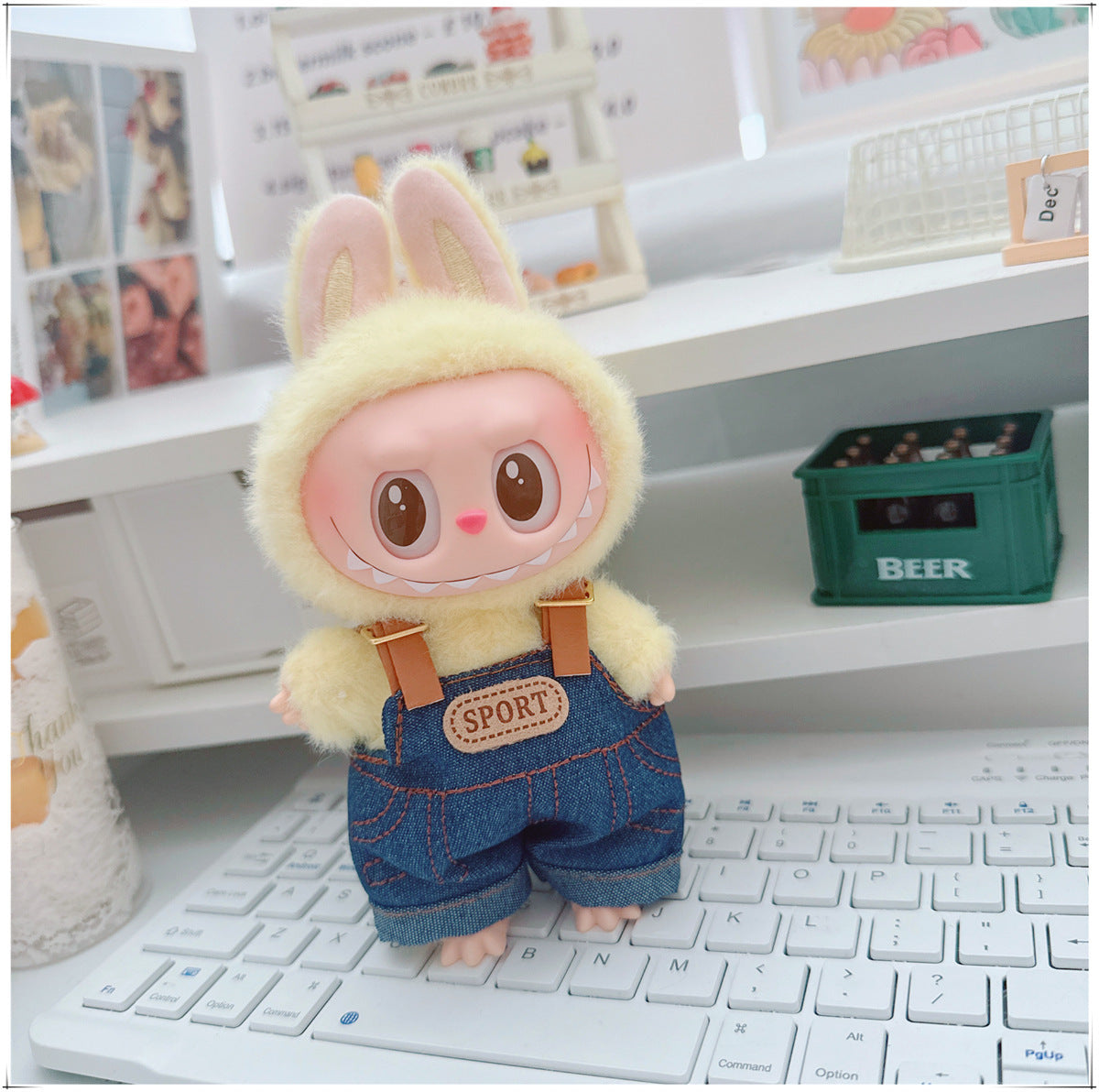 Labubu Doll Outfit - Stylish Denim Overalls & Checkered Bucket Hat for 17cm & 10cm Labubu