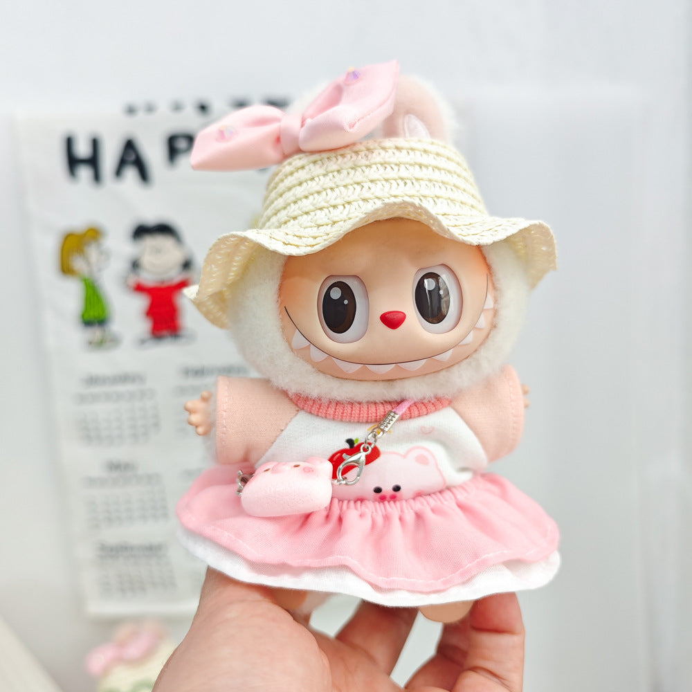 Labubu Doll Spring Outfit Set with Straw Hat & Accessories for 17cm Vinyl Doll
