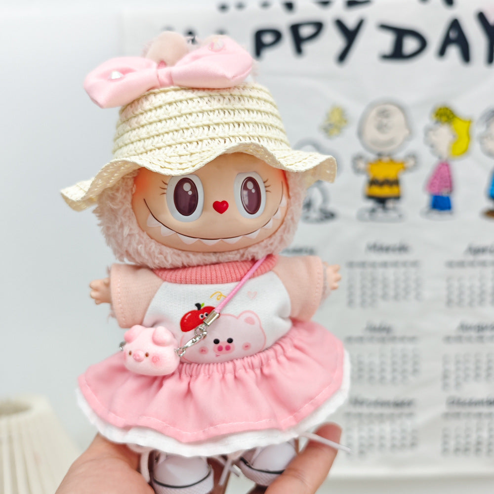 Labubu Doll Spring Outfit Set with Straw Hat & Accessories for 17cm Vinyl Doll