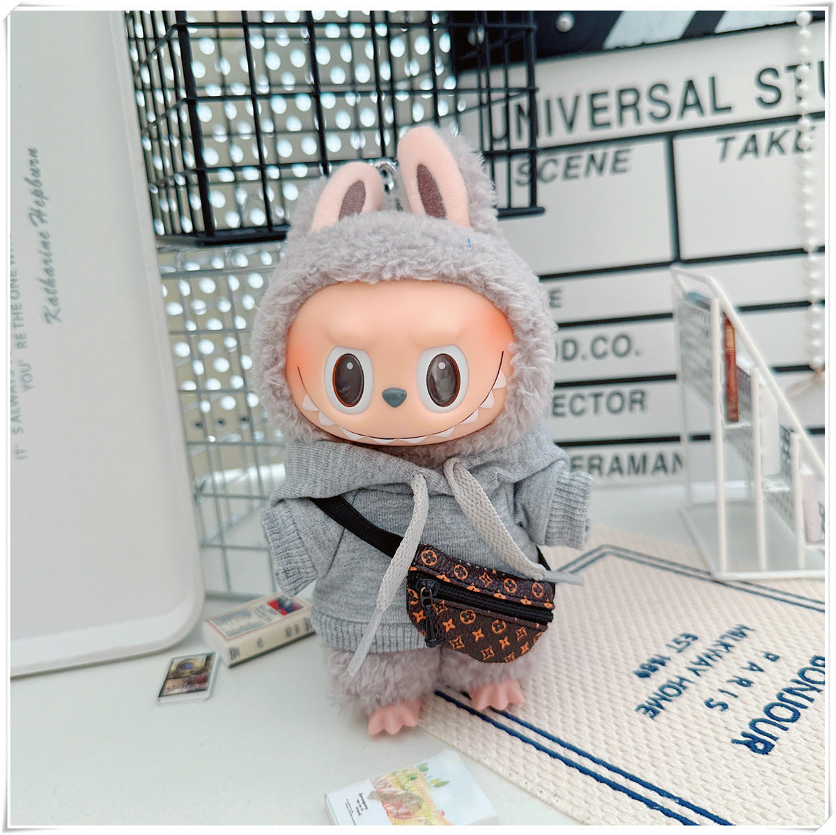 Labubu Doll Hooded Sweatshirt & Crossbody Bag Outfit for 10cm & 17cm Vinyl Dolls