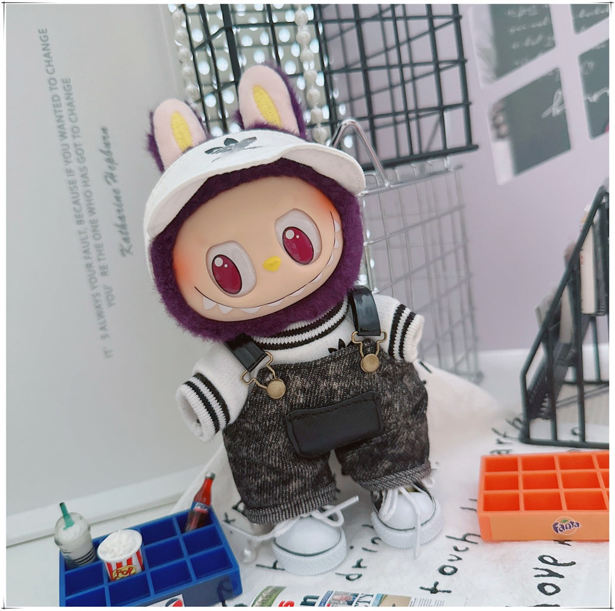 Labubu Doll Outfit - Stylish Denim Overalls & Checkered Bucket Hat for 17cm & 10cm Labubu