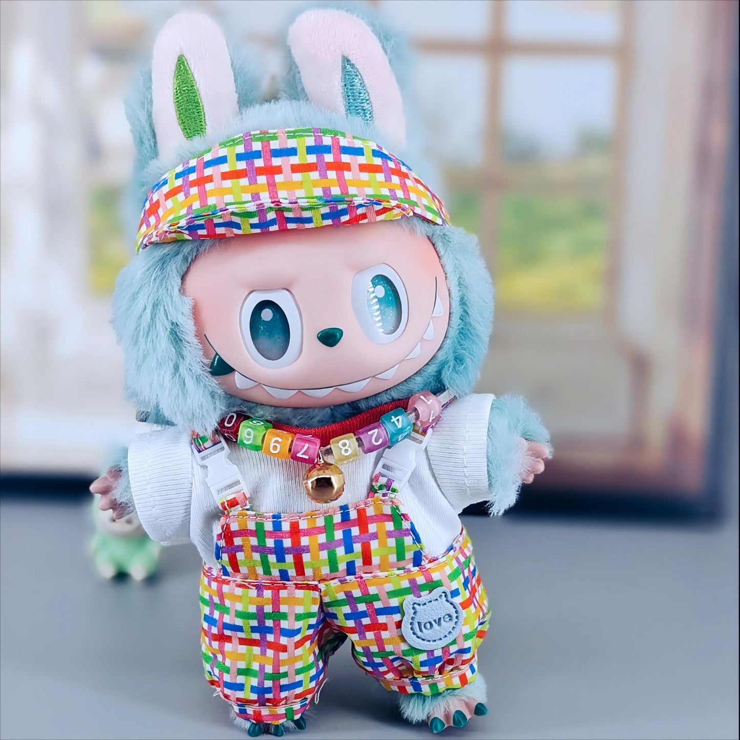 Labubu Doll Clothes - Plaid Overalls & Hat Set for 1st-3rd Gen Pendants