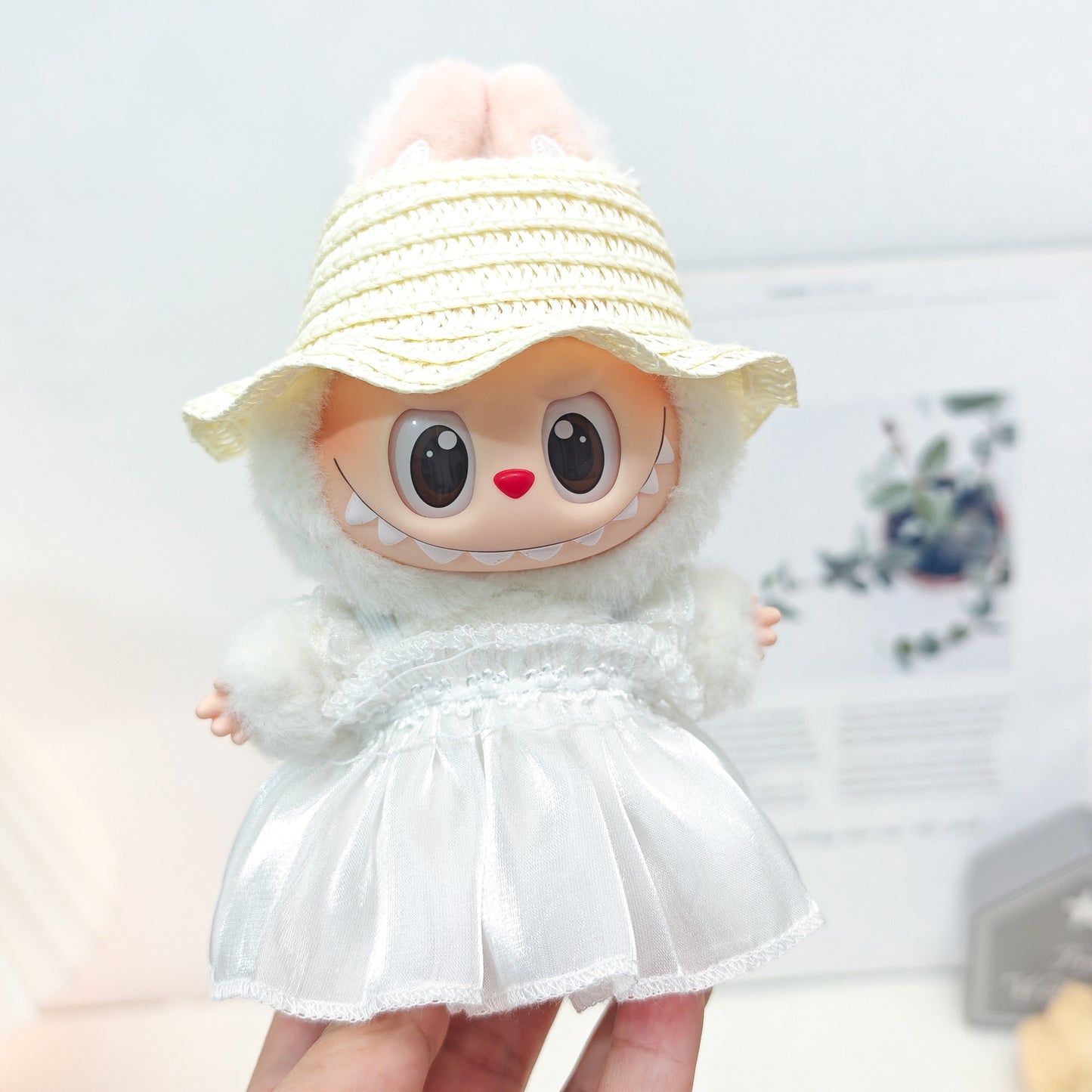 Labubu Doll Outfit - Pink, Purple, White Double Layer Gauze Skirt with Pearl Hair Accessories & Straw Hats