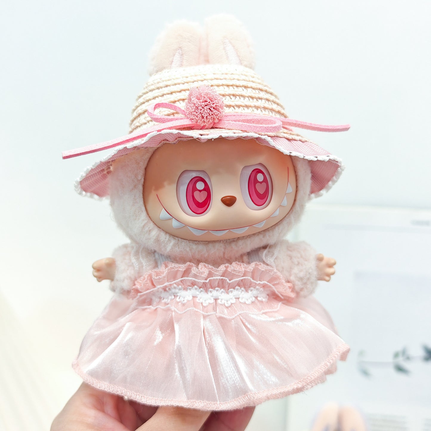 Labubu Doll Outfit - Pink, Purple, White Double Layer Gauze Skirt with Pearl Hair Accessories & Straw Hats