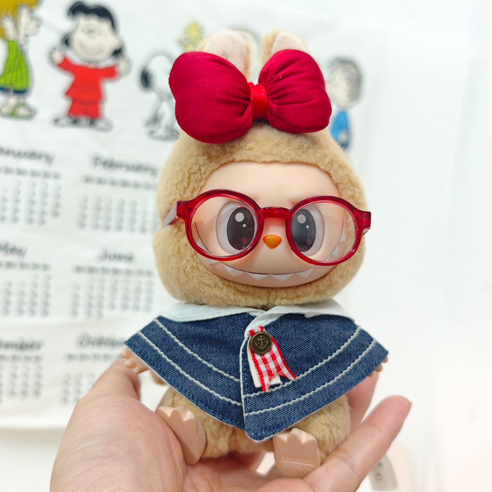 Labubu Doll Denim Shawl & Black Leather Skirt Outfit for 1st-3rd Gen Pendants