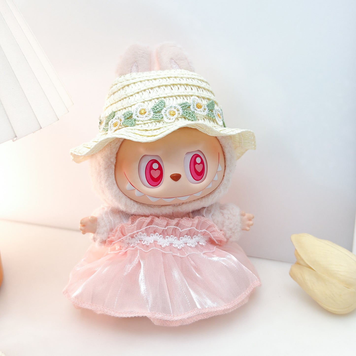 Labubu Doll Outfit - Pink, Purple, White Double Layer Gauze Skirt with Pearl Hair Accessories & Straw Hats