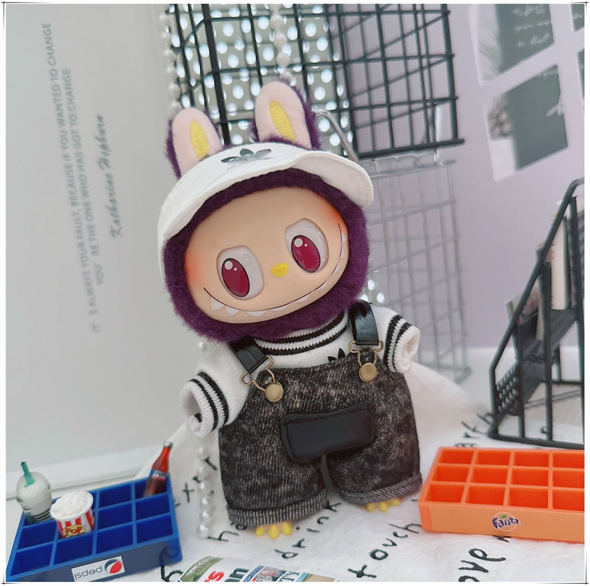 Labubu Doll Outfit - Stylish Denim Overalls & Checkered Bucket Hat for 17cm & 10cm Labubu