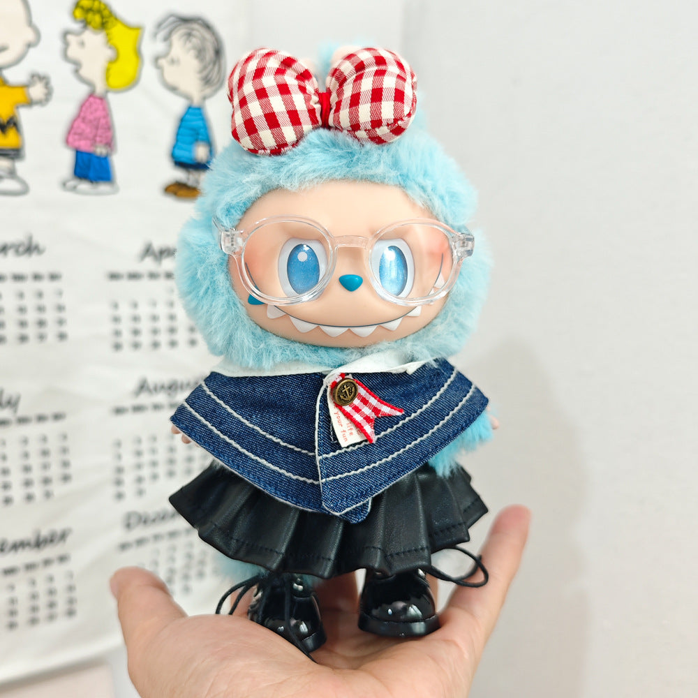 Labubu Doll Denim Shawl & Black Leather Skirt Outfit for 1st-3rd Gen Pendants