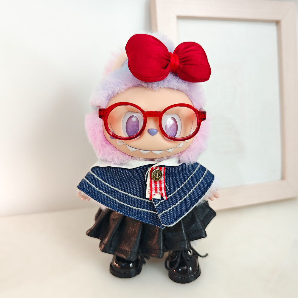 Labubu Doll Denim Shawl & Black Leather Skirt Outfit for 1st-3rd Gen Pendants