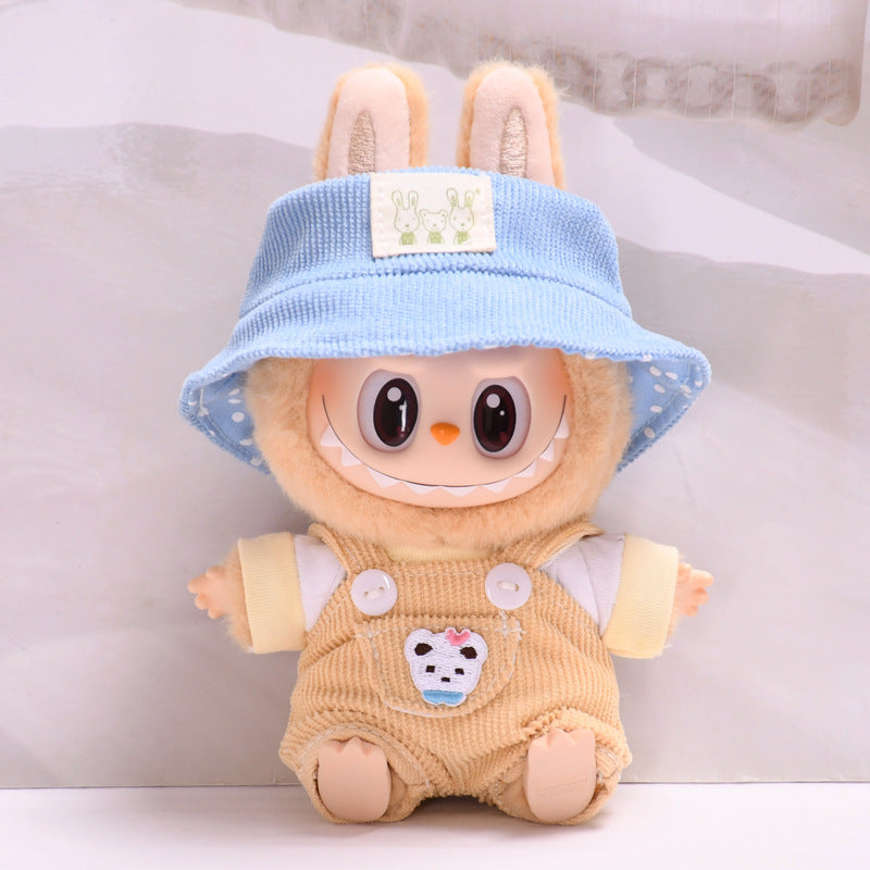 Labubu Doll Outfit - Pink, Yellow, Blue, Purple, Brown Overalls with T-Shirt & Hat