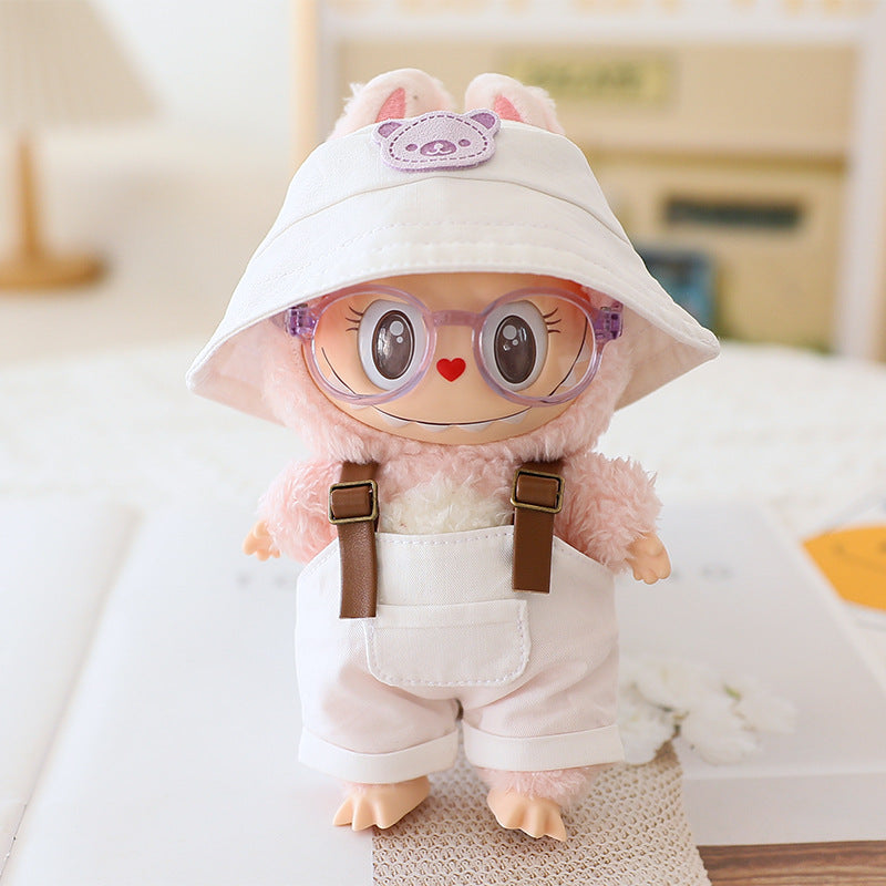 The first and second generation labubu sit party doll clothes the third generation cola vinyl blind box clothes fisherman hat suspenders pants suit