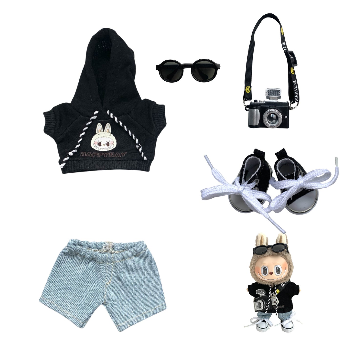 Labubu Doll Hoodie & Jeans Outfit Set with Accessories