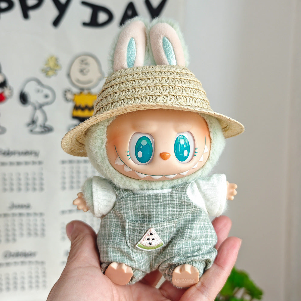Labubu Doll Summer Outfit Set with Straw Hat & Canvas Shoes