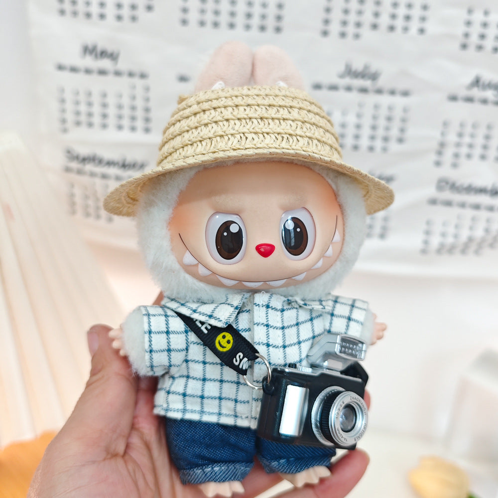 17cm Labubu Doll LABUBU Sit Party Second and Third Generation Vinyl Doll Clothes Plaid Shirt suit Hat