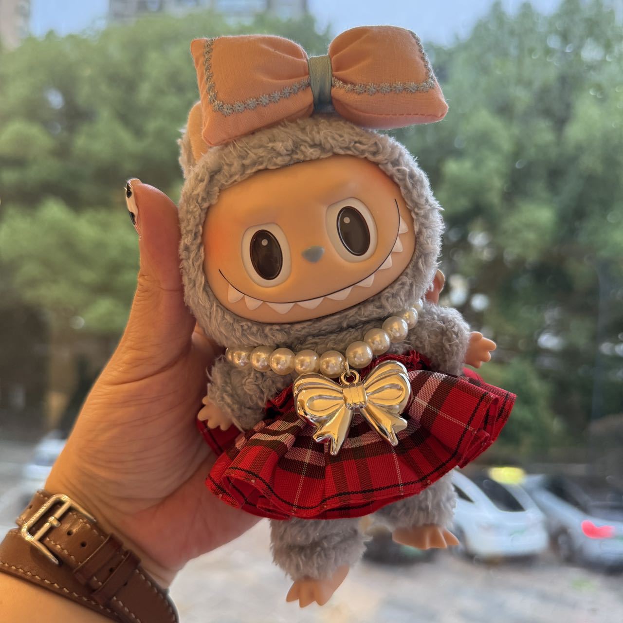Labubu Doll Pearl Necklace Plaid Skirt with Bow - Cute Outfit
