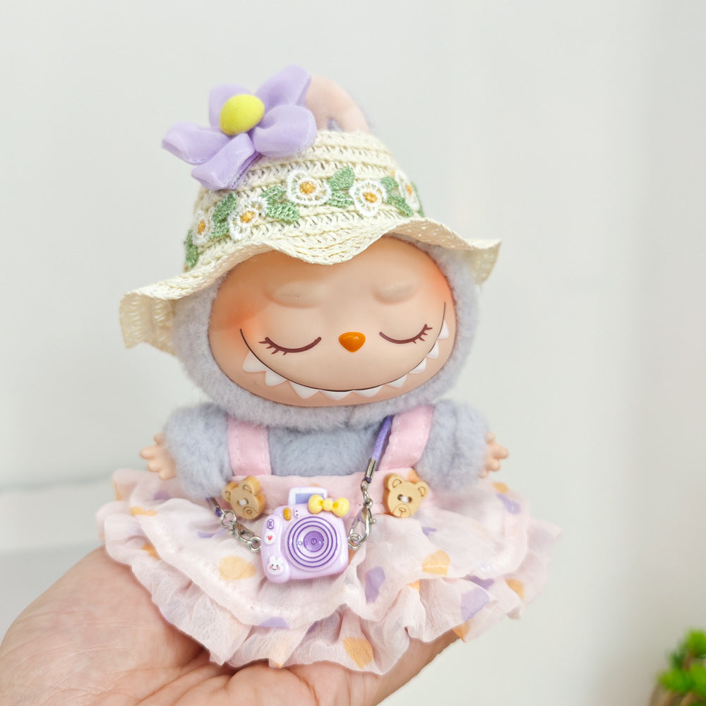 Labubu Doll Summer Outfit with Straw Hat & Accessories for 15cm Vinyl Doll