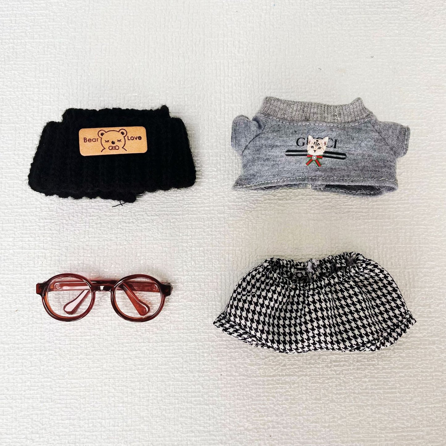 Labubu Doll Outfit - Cat T-Shirt with Houndstooth Pants & Accessories for 17cm Labubu