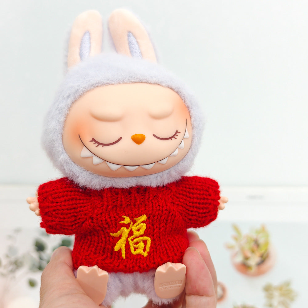 Labubu Doll New Year Red Sweater & Lucky Hat Outfit for 15-17cm Pendant Doll