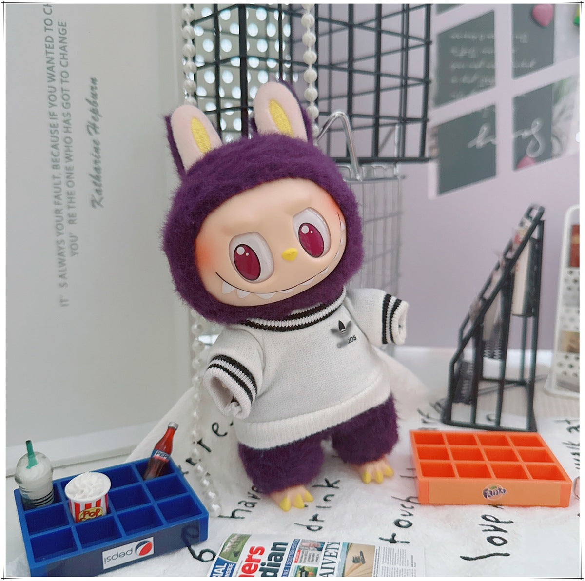 Labubu Doll Outfit - Stylish Denim Overalls & Checkered Bucket Hat for 17cm & 10cm Labubu