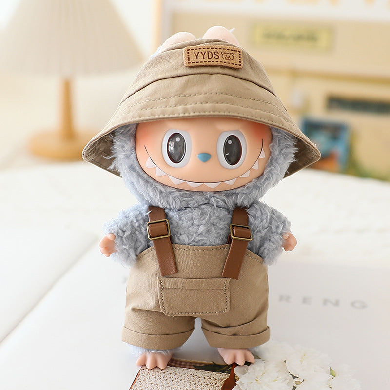 The first and second generation labubu sit party doll clothes the third generation cola vinyl blind box clothes fisherman hat suspenders pants suit