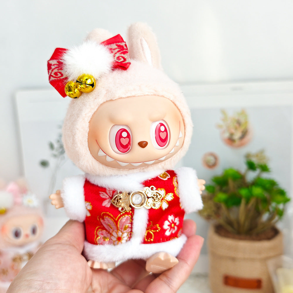 Labubu Doll New Year Red Sweater & Lucky Hat Outfit for 15-17cm Pendant Doll