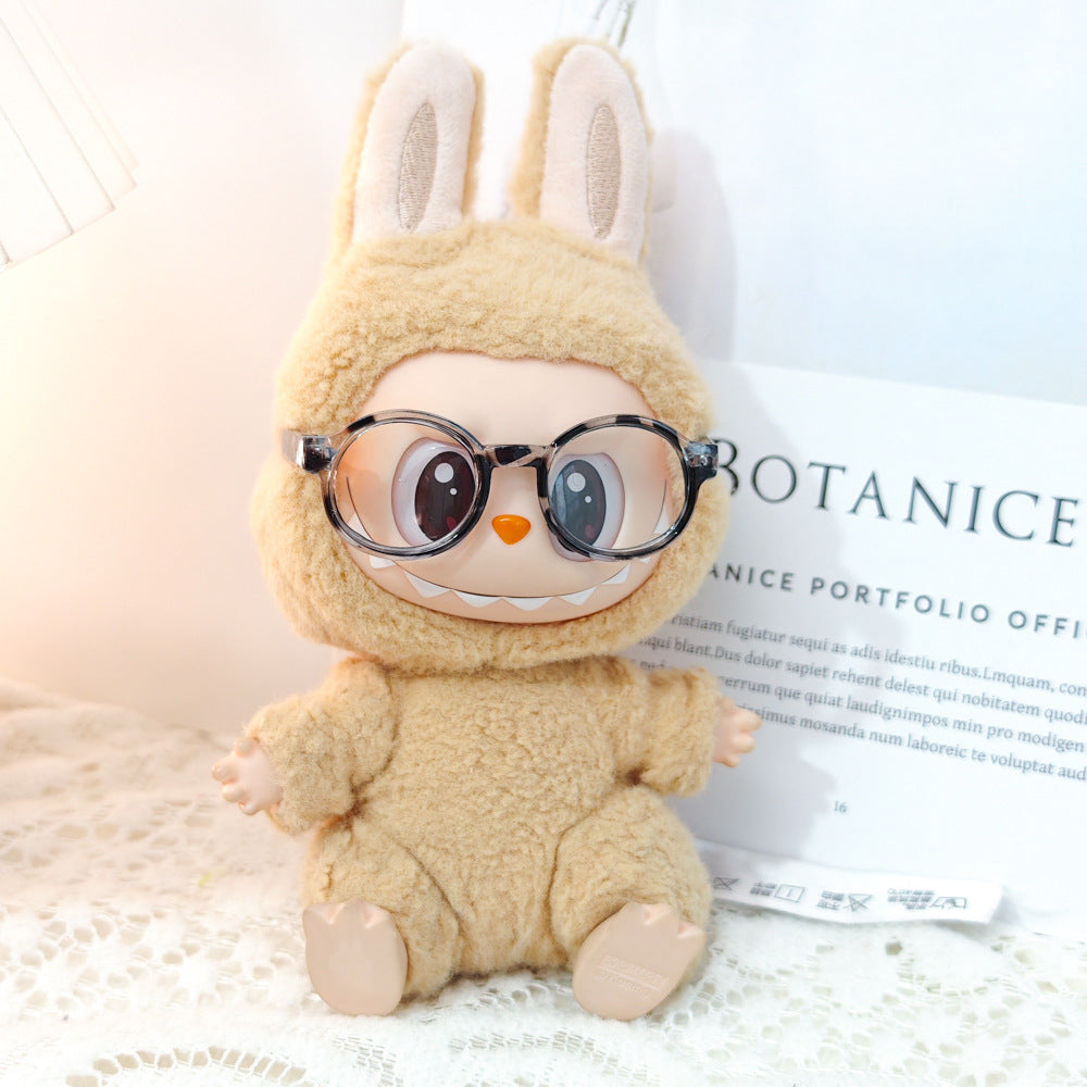 17cm Labubu Doll LABUBU Sit Party Second and Third Generation Vinyl Doll Clothes Plaid Shirt suit Hat