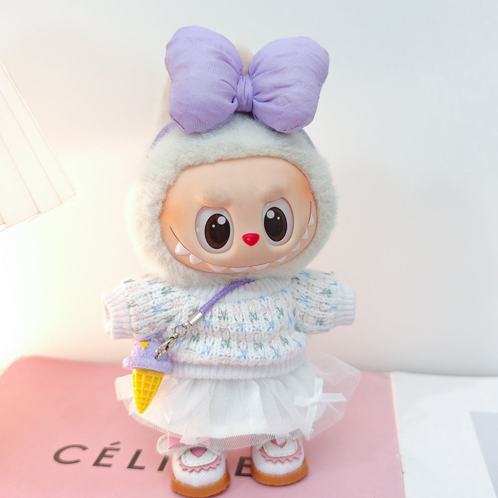 Labubu Doll Outfit Set - Knitted Sweater & Gauze Skirt with Bow Headband
