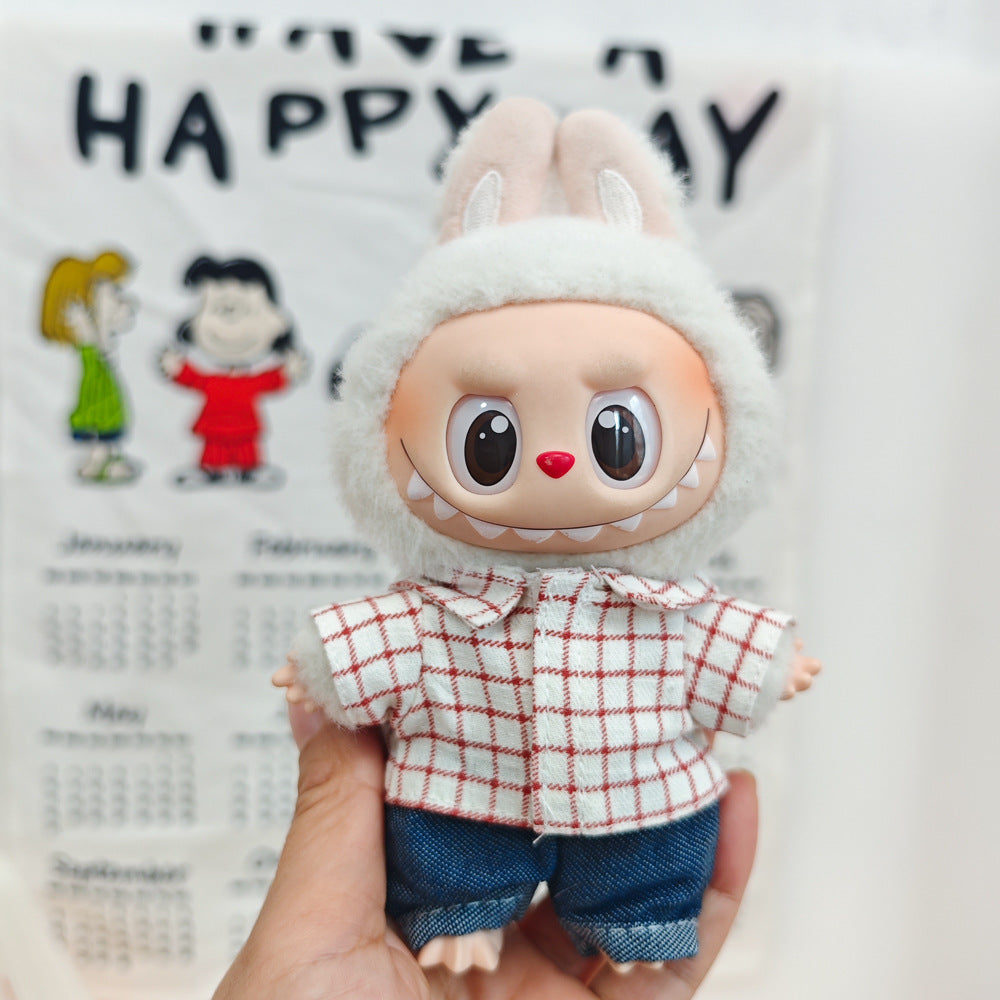 17cm Labubu Doll LABUBU Sit Party Second and Third Generation Vinyl Doll Clothes Plaid Shirt suit Hat