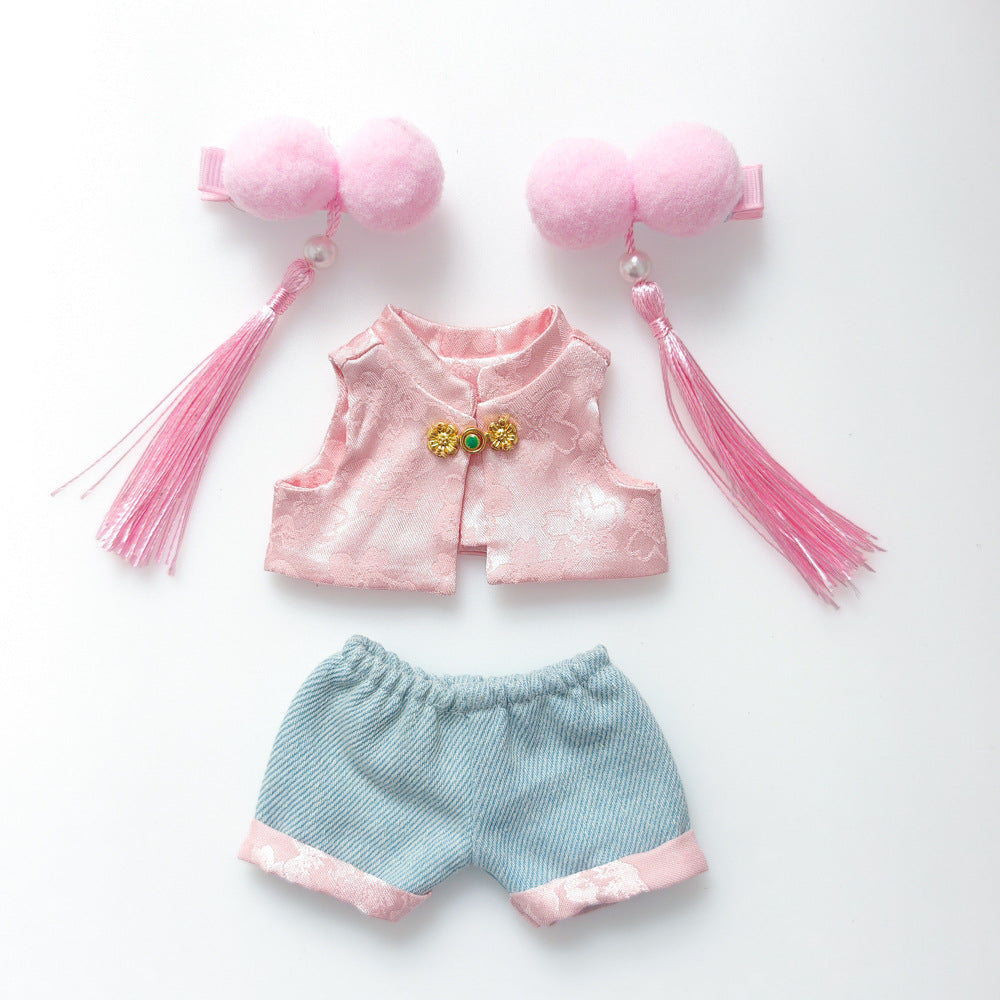 Labubu Doll Ancient Pink Tang Suit Outfit with Hat & Accessories
