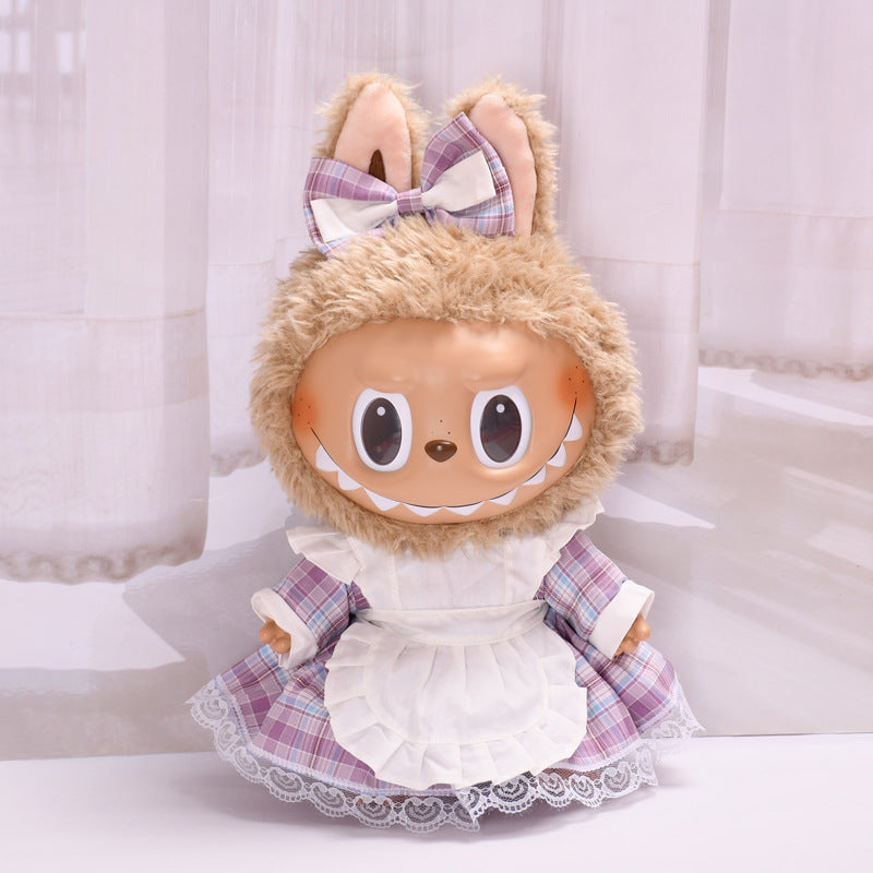 Labubu Doll Pastoral Maid Plaid Dress Apron Outfit for 38cm Pull Cloth