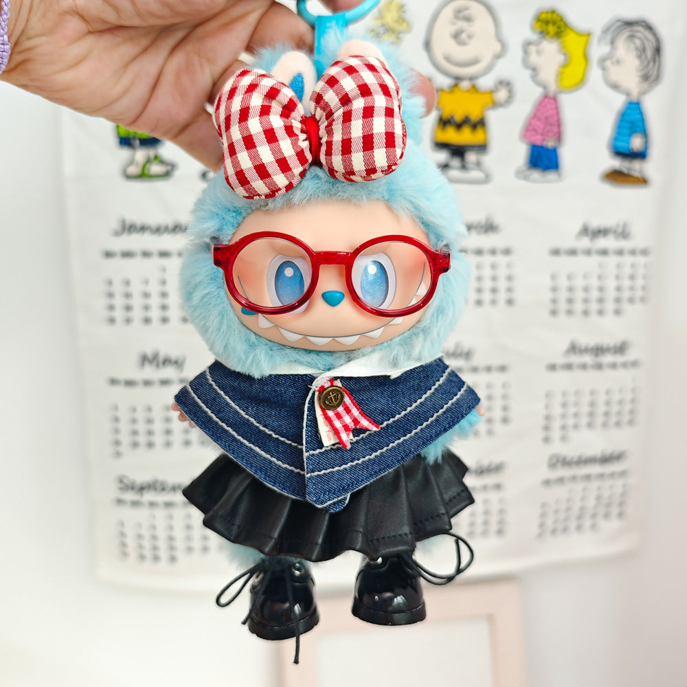 Labubu Doll Denim Shawl & Black Leather Skirt Outfit for 1st-3rd Gen Pendants