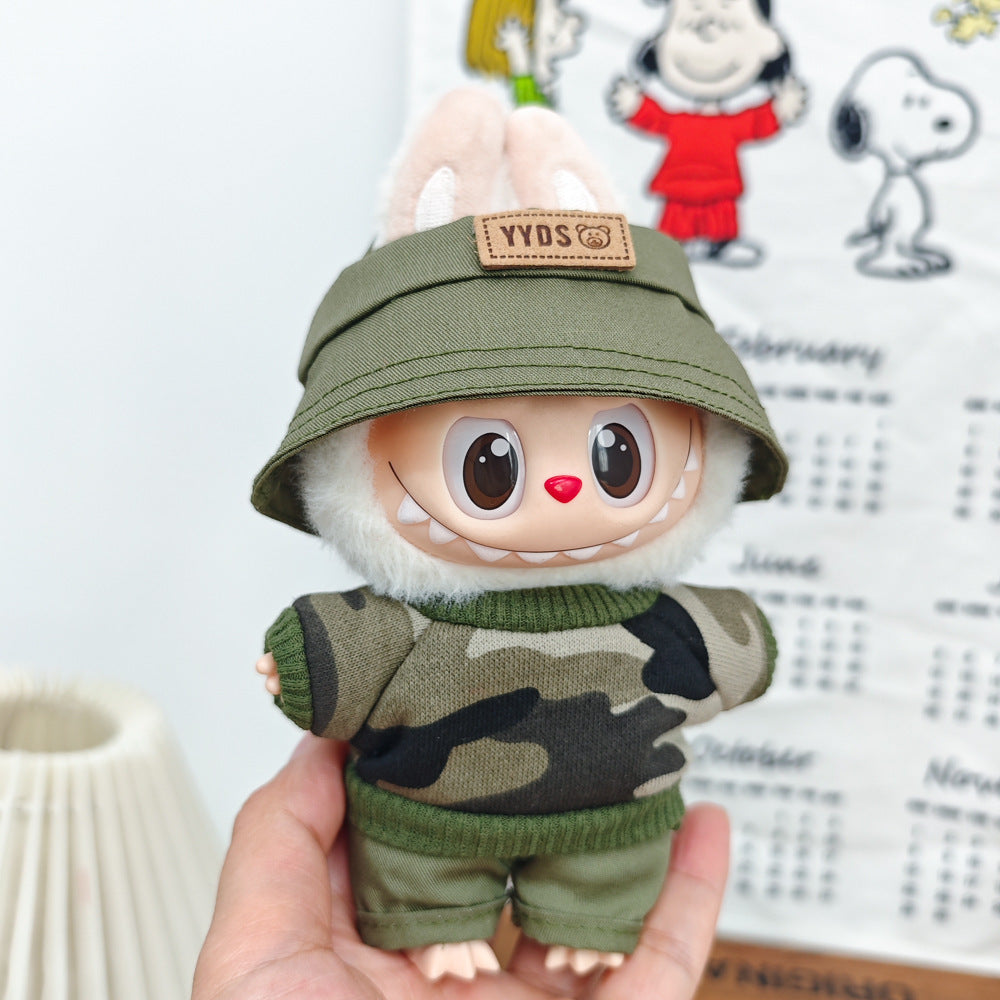 Labubu 17cm Doll Camouflage Outfit with Fisherman Hat & Accessories