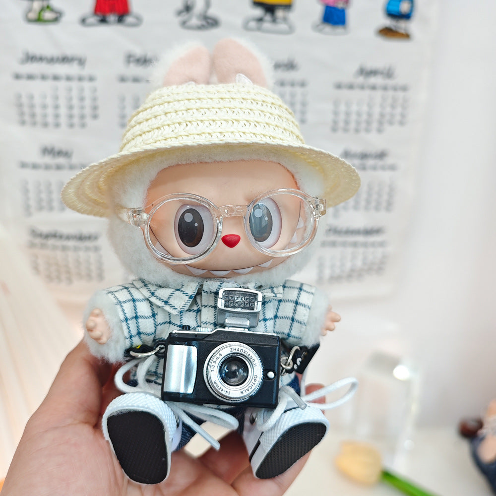 17cm Labubu Doll LABUBU Sit Party Second and Third Generation Vinyl Doll Clothes Plaid Shirt suit Hat