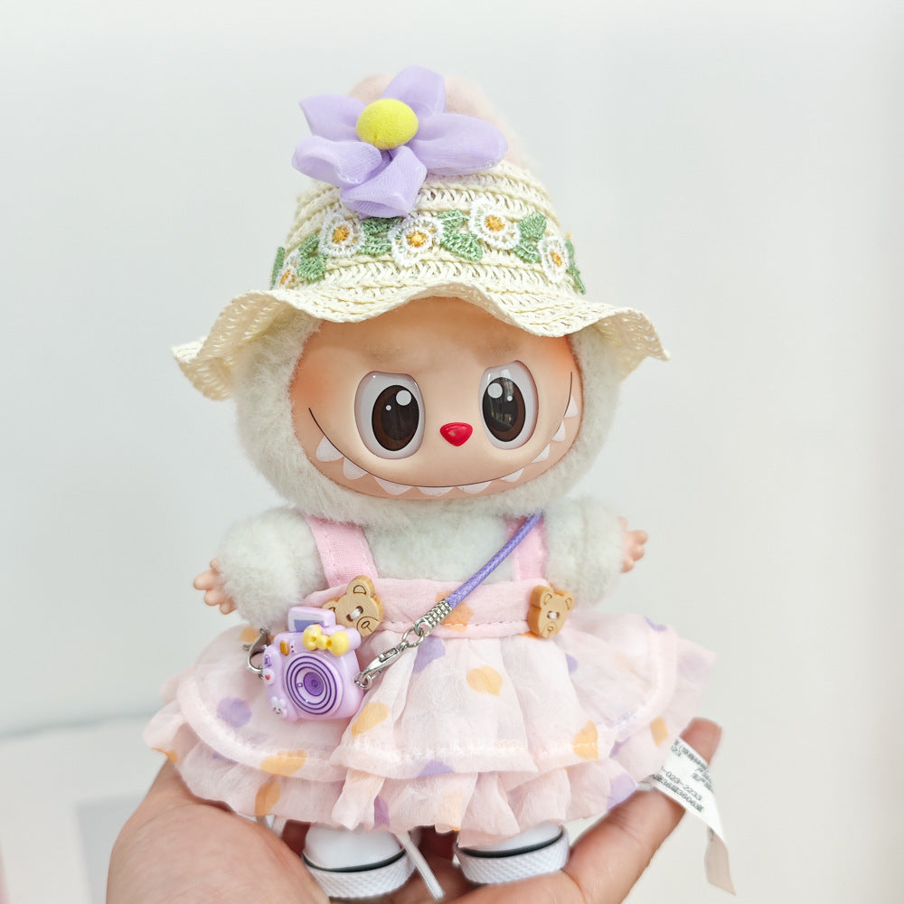 Labubu Doll Summer Outfit with Straw Hat & Accessories for 15cm Vinyl Doll