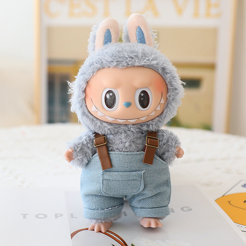 The first and second generation labubu sit party doll clothes the third generation cola vinyl blind box clothes fisherman hat suspenders pants suit