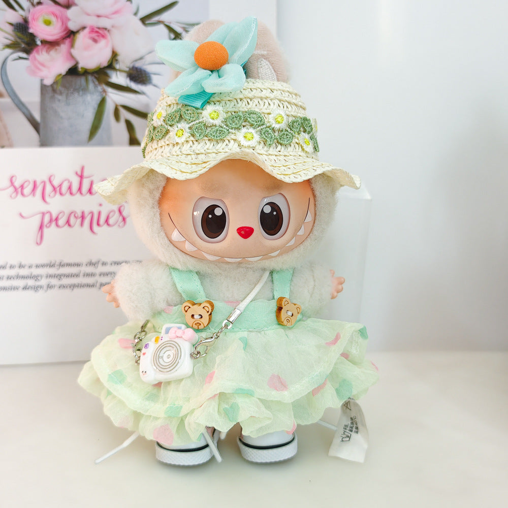 Labubu Doll Summer Outfit with Straw Hat & Accessories for 15cm Vinyl Doll
