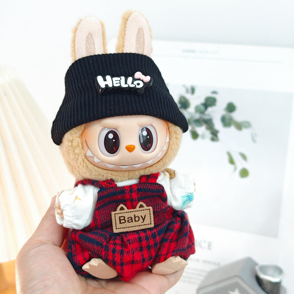 Labubu Doll Outfit - Red Plaid Overalls 3-Piece Set & Accessories