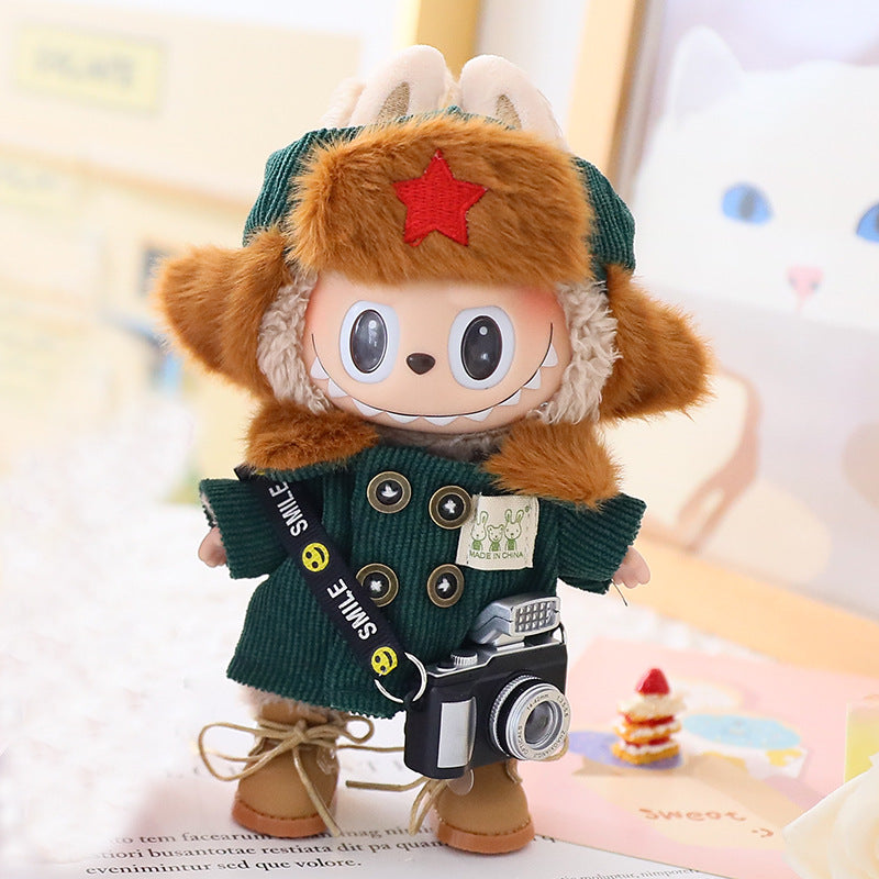 17cm Rab cloth doll first and second generation sitting party labubu doll blind box pendant military coat clothes shoes and hats