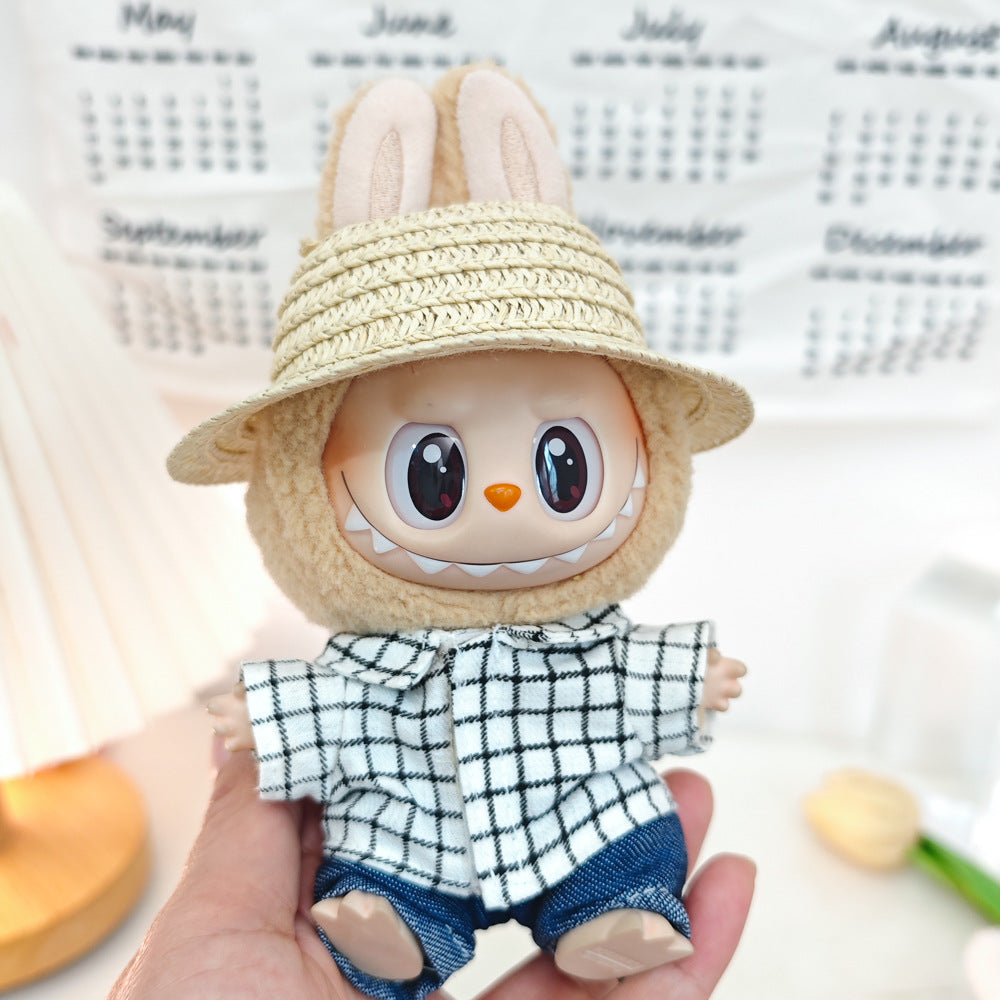17cm Labubu Doll LABUBU Sit Party Second and Third Generation Vinyl Doll Clothes Plaid Shirt suit Hat