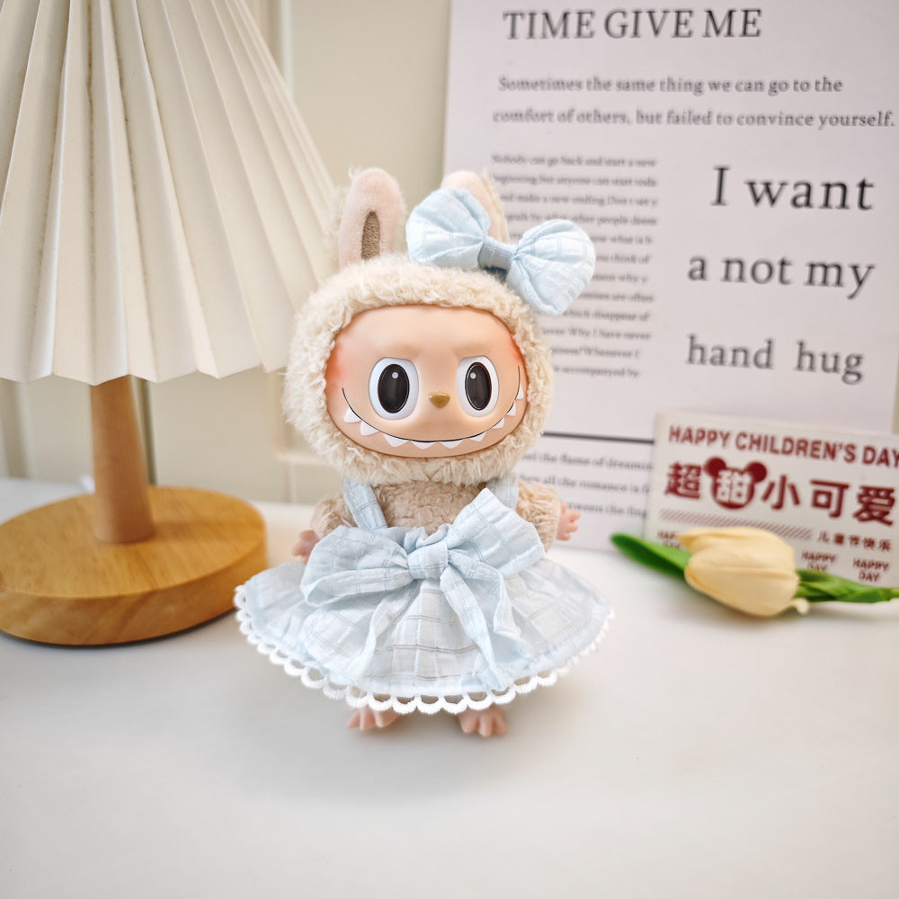 Labubu Doll Outfit - 17cm Plaid Suspenders Skirt & Headband Set