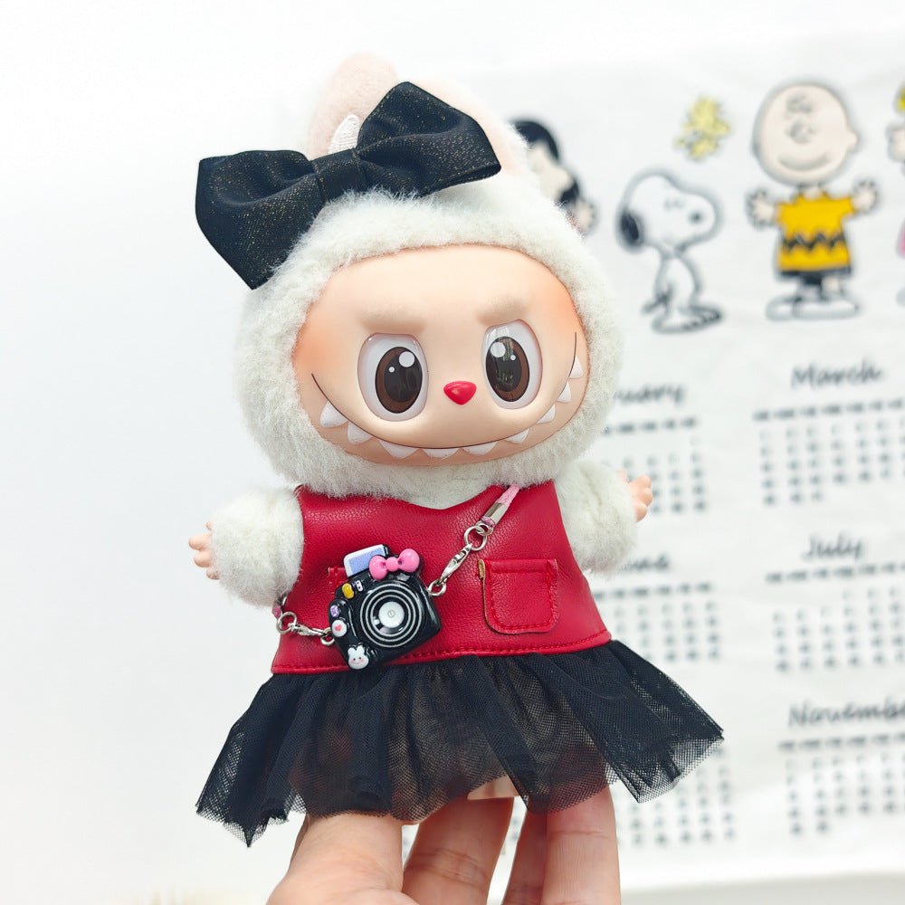 Labubu Doll Outfit Set - Red Leather Dress & Accessories for 15-17cm Vinyl Doll