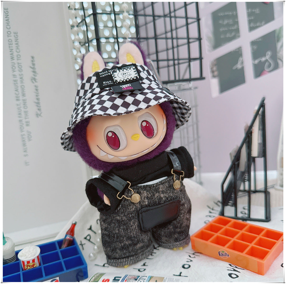 Labubu Doll Outfit - Stylish Denim Overalls & Checkered Bucket Hat for 17cm & 10cm Labubu