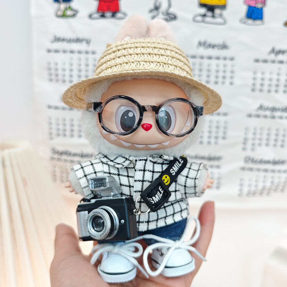 17cm Labubu Doll LABUBU Sit Party Second and Third Generation Vinyl Doll Clothes Plaid Shirt suit Hat