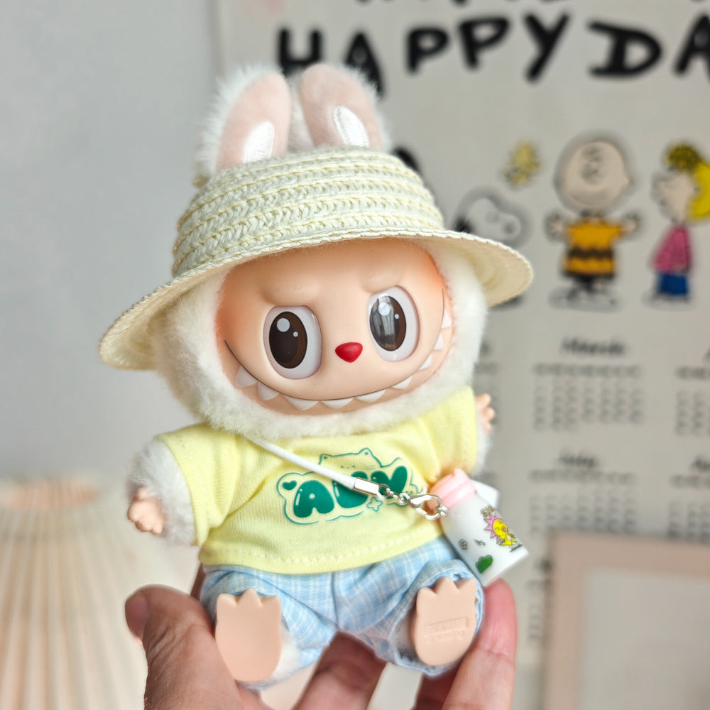 Labubu Doll Summer Outfit Set with Straw Hat & Canvas Shoes