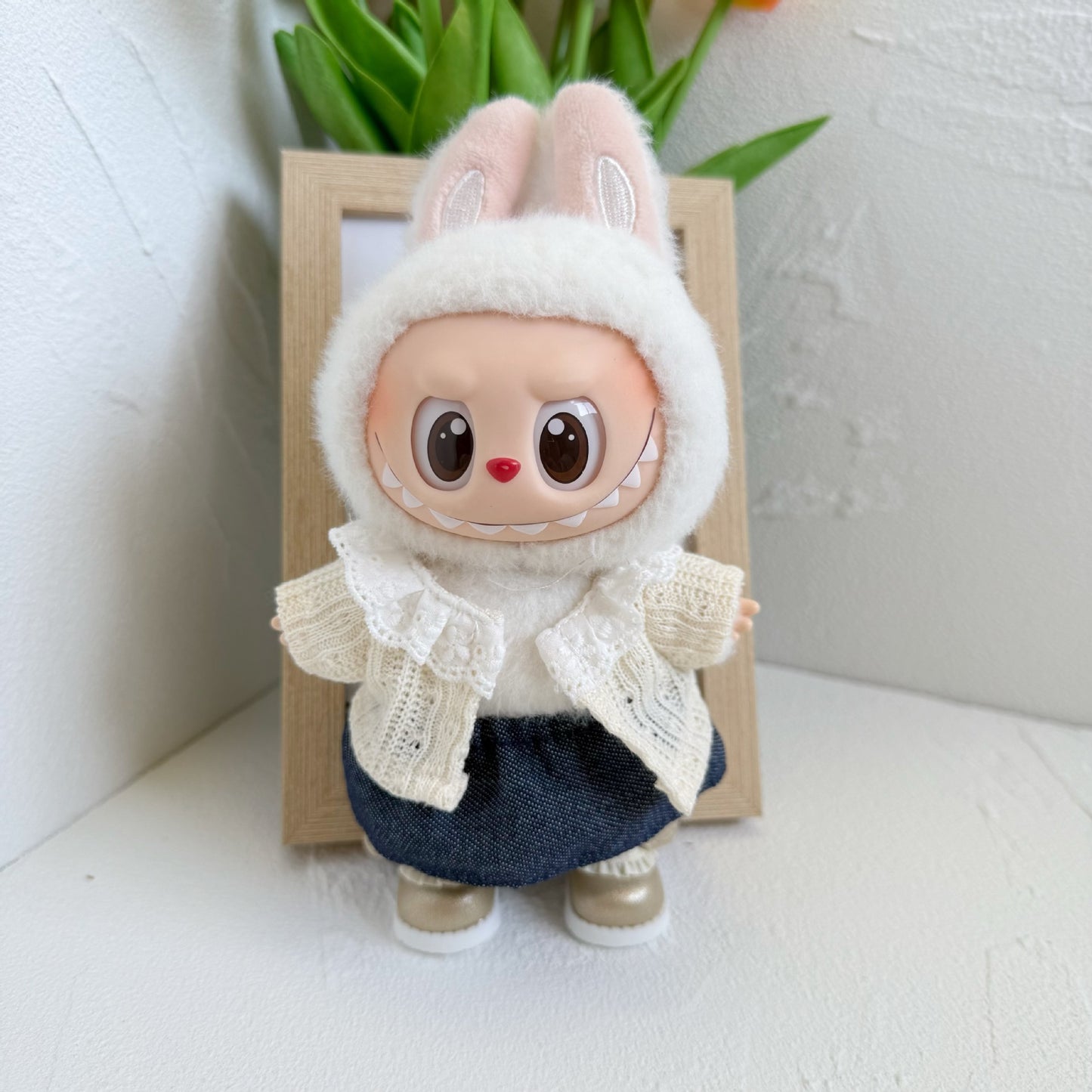 Labubu Doll Outfit - Beige Cardigan & Denim Set for 15&17cm Labubu
